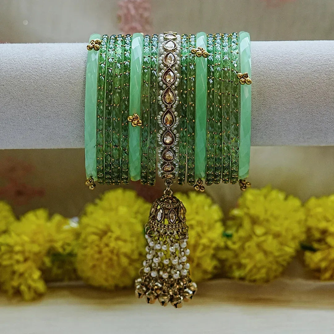 Traditional Glass Bangles Set for Women (Both Hand) - The Golden Cascade